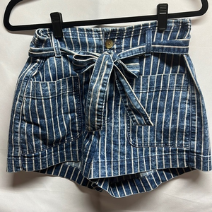 American Eagle Chambray Striped Tie‎ Waist Paperbag Shorts Blue White Womens 6